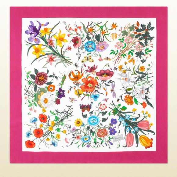 Display # 2 Gucci Scarf Flora Print Multicolor Pink Border Silk Wrap - Picture 3 of 14